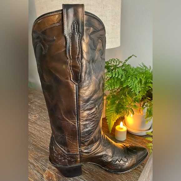 Vintage Dan Post Womens 8.5M Leather Cowboy Boots Snip Toe Metallic Bronze Brown - Picture 5 of 9